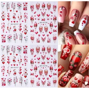 4 Sheets Valentine’s Day Embossed Retro Love Heart Tree Rose Design Self Adhesive Nail Art Stickers Fingernail Application Model