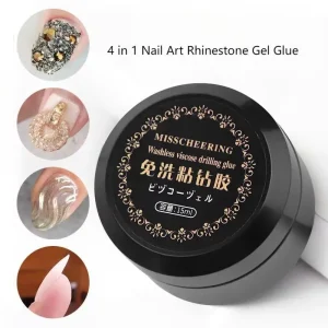 4 in 1 Clear Gel Nail Glue Bulk 15ml Soak off Rhinestone Adhesive Builder for Nail Polish Rhinestone Diamond Decoration