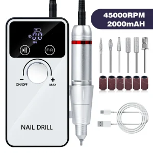 45000RPM Professional Nail Drill Machine Rechargeable Electric Nail File 6 Drill Bits Portable Nail Grinder Manicure Tool Low