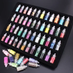48 Colors Nail Art Decoration Set with Glass Bottles Nail Glitters Sequins Hexagon Pieces Caviar Beads for DIY Nails