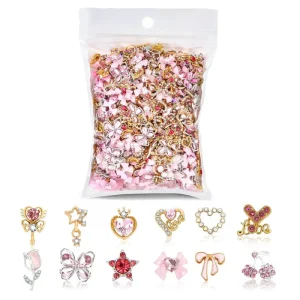 48pcs Alloy Pink Nail Art Charms Mixed Heart Bow Butterfly Flower Crystals Nail Decorations 3D Rhinestone Nail Gems DIY Manicure