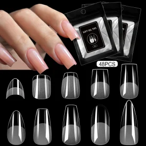 48pcs Bag Press on Nails Coffin Nail Tips Clear Full Cover Nail Artificial Half Matte Press on Long Ballerina False Tips