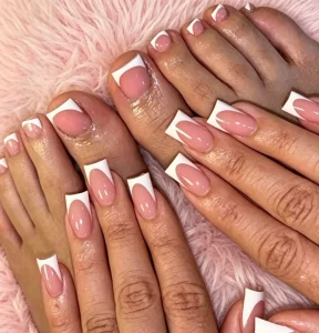 48pcs French Square White Edge French Press On Nails Set Nude Glossy Reusable False Fingernails Toenails Nail Tip Kit For Salon