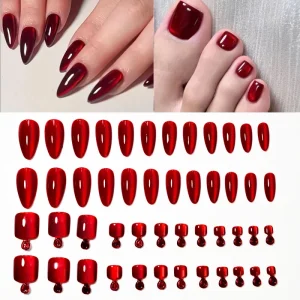 48pcs Red Cat Eye Press on Fingernails & Toe Nails Set Glossy Magnetic Wine Red Almond Fake Nails Reusable Nail Kit for Girls