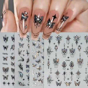 4pcs Set Laser Black White Butterfly 3D Sticker for Nails Dark Style Nail Art Sliders Decals Star Design Decoration Manicure