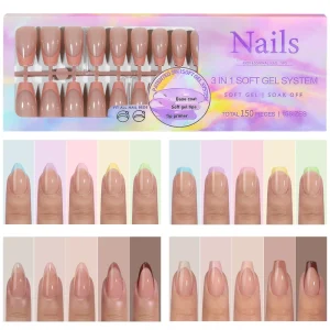 5 Neutral Nude Colors 3-in-1 Soft Gel System Nails Tips 150Pcs 15 Sizes French Different Shapes ABS Material Finger