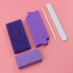 5 Piece Purple Pumice Pad and Wood Nail File Pedicure Kit Disposable Manicure Set for Salon Spa Toe Separators Included