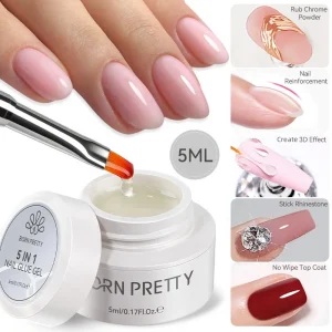 5 in 1 No Wipe Top Coat Nail Glue Gel in Jar for 3D Wave Line Stick 3D Nail Charms Rhinestones and Rub Chrome Powder