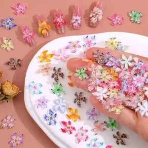 50Pc 3D Gradient Leopard Lily Flower Nail Art Decoration Soft Resin Nail Charms Cherry Blossom Colorful Flower DIY Nail Jewelry