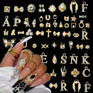 50Pc Gold Random Luxury Nail Art Charms Jewelry Mixed Style 3D Nail Rhinestones Mixed Design Alloy Nail Art Dangle Decorations