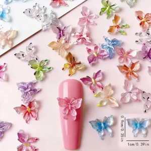 50Pcs 3D Resin Manicure Accessory Decorations Aurora Color Gradient Mix Butterfly Nail Art Charms DIY Home Salon Nail Supples