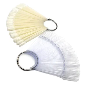 50Pcs Clear Natural False Nail Tips for Gel Polish Display Practice with Metal Ring Fan Shape Color Chart