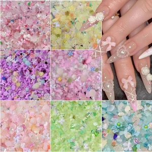50g bag 3D Aurora Bow Knot Nail Art Decoration Flower Bear Ribbon Bowknot Nail Art Charms Pink Green Purple Colorful Nail Decor