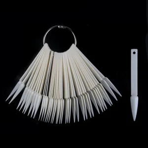 50pcs Full Cover Plastic Fan Shaped Sharp Nail Tips with Hoop Artificial Fingernails for Nail Color and Design Display
