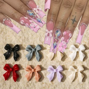 50pcs Pink Ribbon Bow Nails Art Decoration Rhinestones Butterfly Tie Luxury Manicure Supplies Kawaii Accessories Decoracion