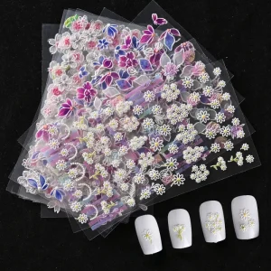 5D Acrylic Flowers Nail Stickers Gradient Pink White Floral Lace Nail Slider Summer Manicure Decals