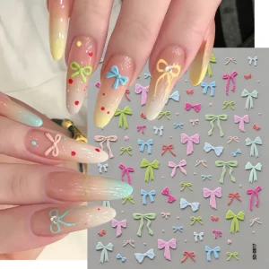 5D Bow Nail Charms Stickers Cherry Macaron Butterfly Bow Heart-shaped Flower Pattern Self-adhesive Nail Art Stickers Decorations