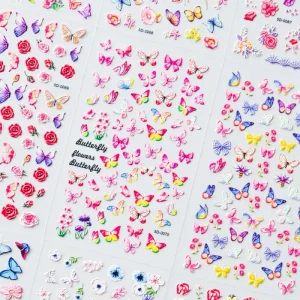 5D Butterfly Flowder Nail Art Sticker Black White Pink Self Adhesive Nail Sticker Ultra thin Slider Decoration Decals