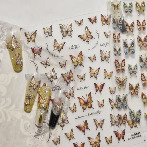 5D Colorful Butterfly Flower Nail Art Sticker Gilded Glittering Butterfly Parts Nail Decoration Self Adhesive Manicure Decals