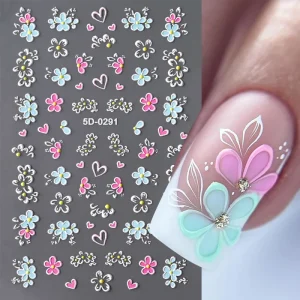 5D Colorful Flowers Nail Stickers Butterfly Rose Spring Summer Decals Macarone Nail Sliders Relief Art Manicure Decors