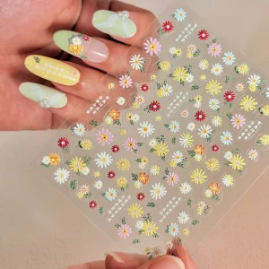 5D Daisies Flowers Embroidery Nail Stickers Daisies Floral Leaf Nail Decals Self Adhesive Manicure Sliders Decoration