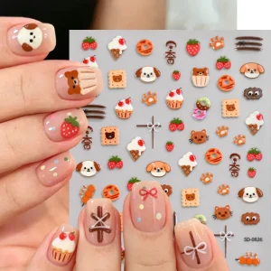 5D Embossed Cute Cat Dog Nail Art Stickers Kawaii Carton Strawberry Nail Decals Self Adhesive Nail Sticker Manicure Accessories