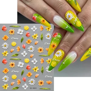 5D Embossed Daisy Flower Nail Stickers White Yellow Floral Nail Art Decals Self Adhesive DIY Manicure Decor for Women
