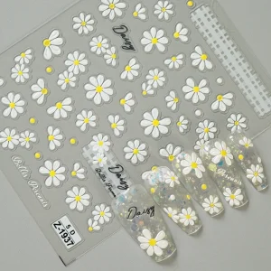 5D Embossed Flower Nail Decals Cute Daisy White Daisy Flower Nail Art Stickers
