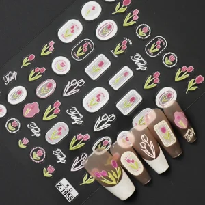 5D Embossed Flowers Nail Stickers Summer Tulips Design Nail Decals Flower Nail Stickers