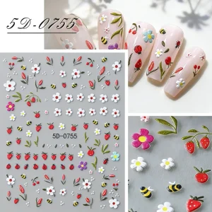 5D Embossed Kawaii Ladybug Sliders Spring White Daisy Flowers Nail Stickers DIY Simple Petals Wedding Nails Decals Accessories