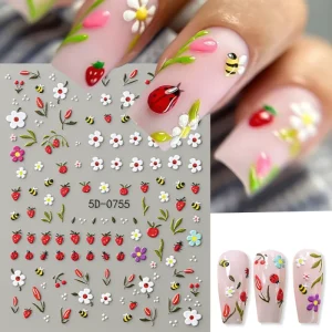 5D Embossed Kawaii Ladybug Sliders Spring White Daisy Flowers Nail Stickers DIY Simple Petals Wedding Nails Decals Decoration