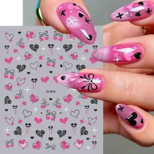 5D Embossed Nail Art Stickers Pink Black Heart Bow Cross Design Self-Adhesive Gothic Love Nail Decals DIY Manicure Decorations
