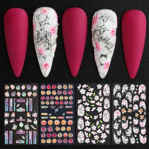 5D Embossed Nail Art Stickers White Rose Cherry Blossom Stickers For Nails Gel Polish Wedding Flower Engraved Slider Tips Decors