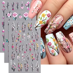 5D Embossed Nail Stickers Red Rose Flower Self-Adhesive Sliders Decals
