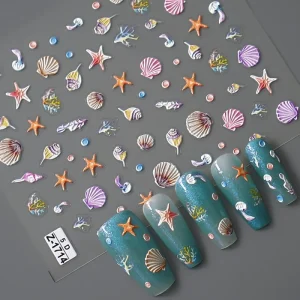 5D Embossed Ocean Nail Stickers Summer Nail Decals Starfish Shell Jellyfish Nail Stickers