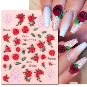 5D Embossed Red Rose Nail Decals Spring Flower Sticker Set Plastic 7.8x6cm Valentine’s Day Decorations