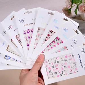 5D Embossed Sakura Flower Nail Art Stickers Lavender Rose Leaves Nail Decals Spring Blossom Flower Manicure Decoration