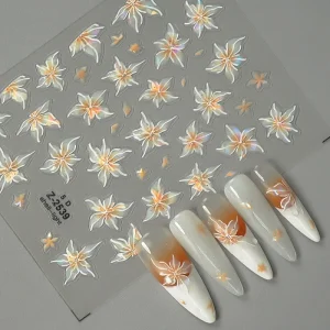 5D Embossed Summer Lily Nail Decals Shell Light Floral Summer Nail Art Supplies Flower Nail Sticker