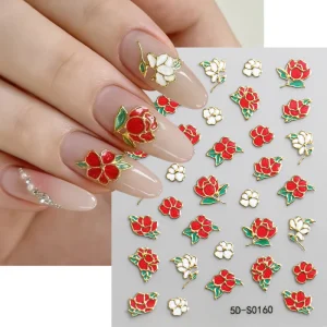 5D Embossed Vintage Enamel Rose Nail Art Sticker Bronzing Red & White Gold Trim Flower Nail Decals Nail Art Decoration for Women