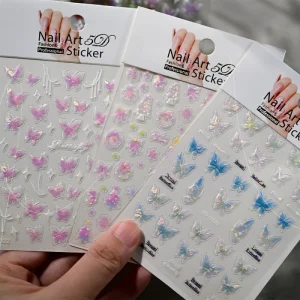 5D Japanese Kawaii Butterfly Nail Stickers Luxury Glitter Shell Aurora Nail Art Decorations Decals DIY Manicure Slider Foil