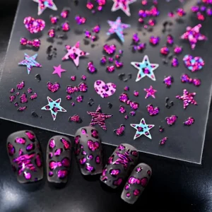5D Leopard Print Glitter Nail Art Stickers Colorful Five-pointed Star Nail Decal Bow Love Heart Manicure Decoration