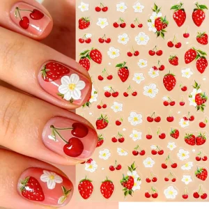 5D Nails Art Adhesive Sliders Summer Cherry Strawberry Fruits Flowers Nail Art Sticker Nails Decorations Manicures Decals