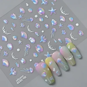 5D Ocean Nail Art Stickers with Shell Starfish Jellyfish Coral Elements for Summer Mermaid Style DIY Manicure Decoration