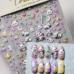 5D Relief Adhesive Nail Art Stickers Decals Colorful Flowers Peach Fruits Lovely Panda Paradise Manicure Charms Plastic
