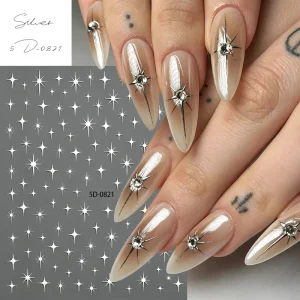 5D Silver Cross Star Nail Stickers Gothic Punk Y2K Metallic Four-point Star Nail Decals Self-adhesive Embossed Decorations