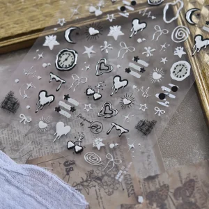 5D Silver Metal Liquid Heart Heartbeat Nail Art Stickers Graffiti Star Moon Nail Sticker Irregular Shimmery Starlight Y2K Decals