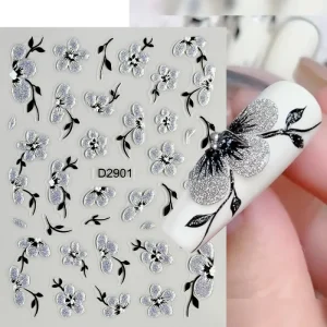 5D Spring Silvery Floral Nail Decoration Black Silvery Flower Nail Art Sticker Self-adhesive Sparkling Nail Art Decoration