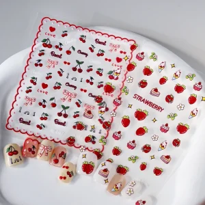 5D Strawberry Cherry Cartoon Pattern Nail Sticker DIY Self Adhesive Slider Cake Bow Cute Nail Decals Manicure Decoration