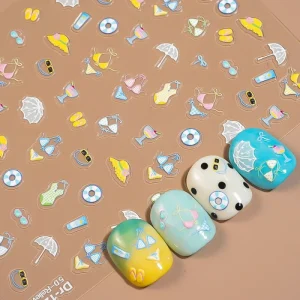 5D Summer Beach Nail Stickers Bikini Umbrella Cocktail Nail Art Decals Relief Embossed Nail Stickers