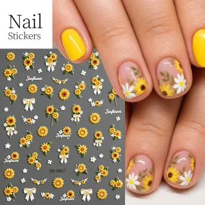 5D Sunflower White Bow Daisy Embossed Nail Stickers Floral Summer Garden Sunny Sunflower Self-Adhesive Nail Art Decals Manicure